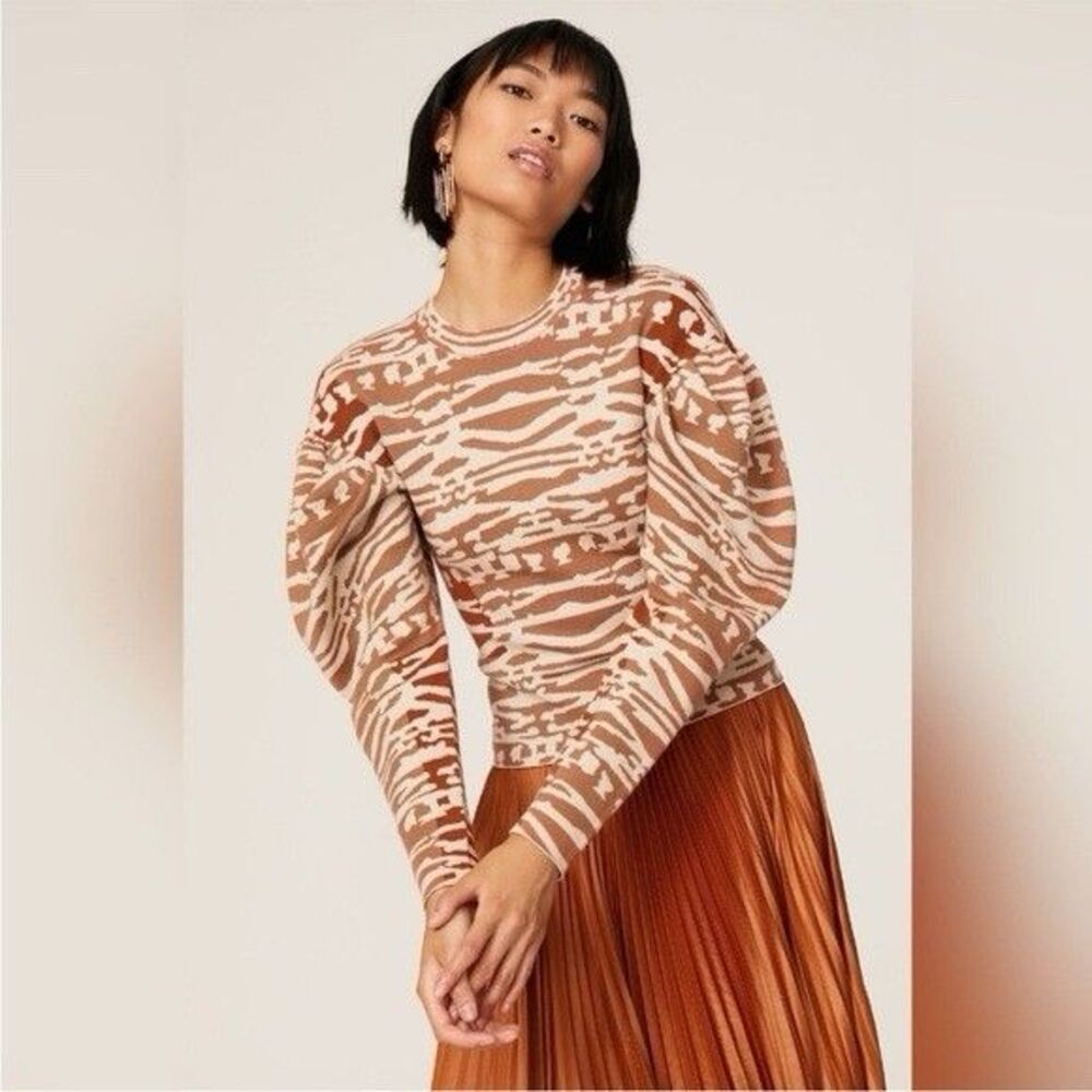 Ulla Johnson Livia Sweater S 100% Wool Jacquard Puff Sleeve Brown Cream